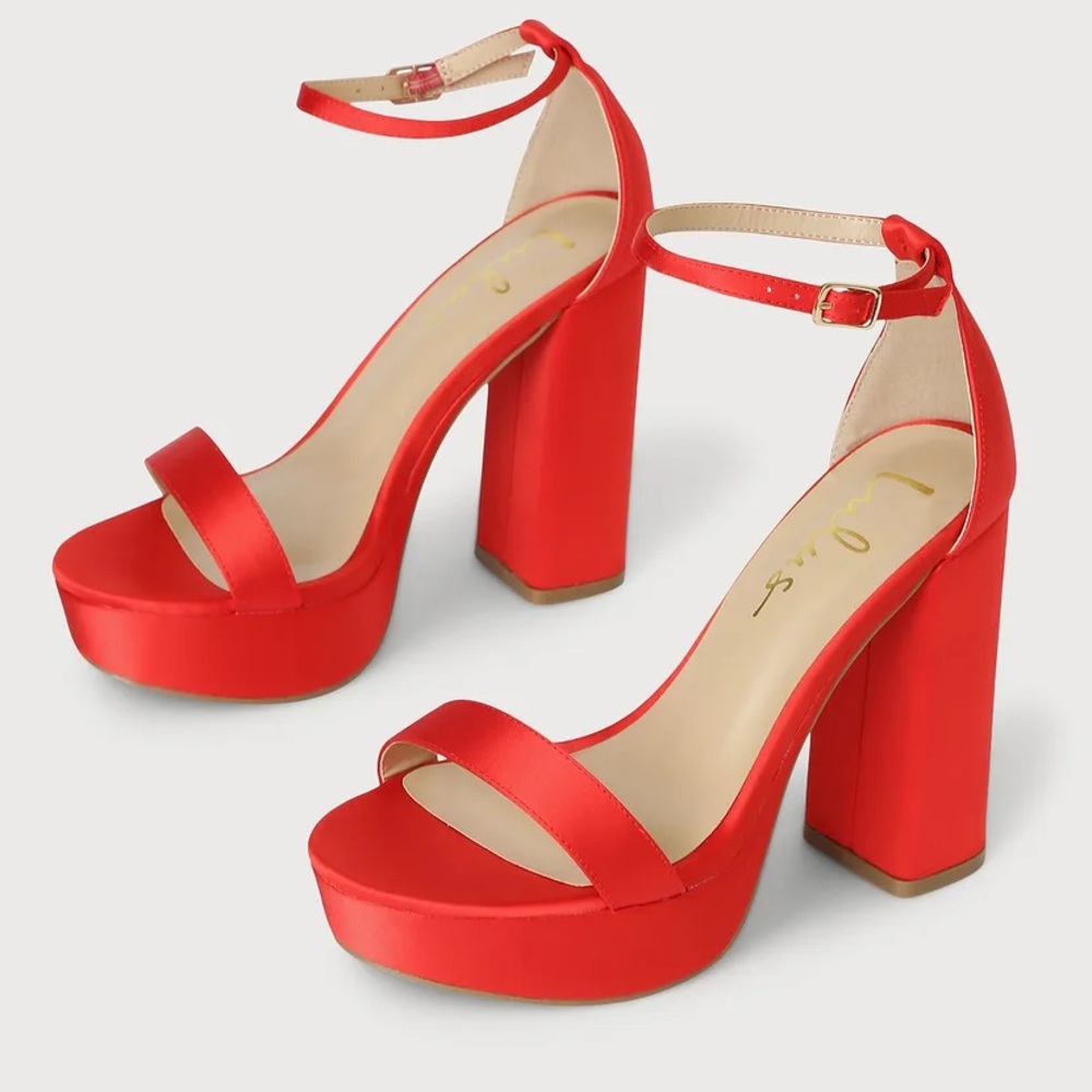 Arrabella Red Satin Platform Ankle Strap Heels